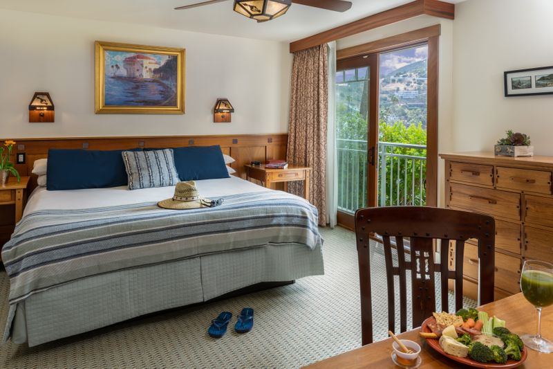 A cozy hotel bedroom featuring a neatly made bed with navy blue and striped accent pillows, a wooden dresser, and an open sliding glass door leading to a private balcony with a view of a lush palm tree and a neighboring hillside.