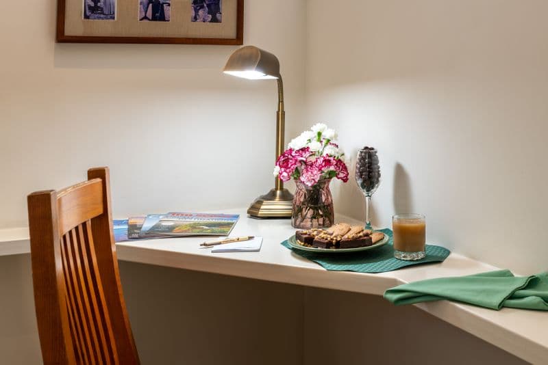 A well-lit workspace featuring a white desk with a wooden chair, a brass desk lamp, a small vase of pink flowers, and a plate of snacks, set against a plain white wall.