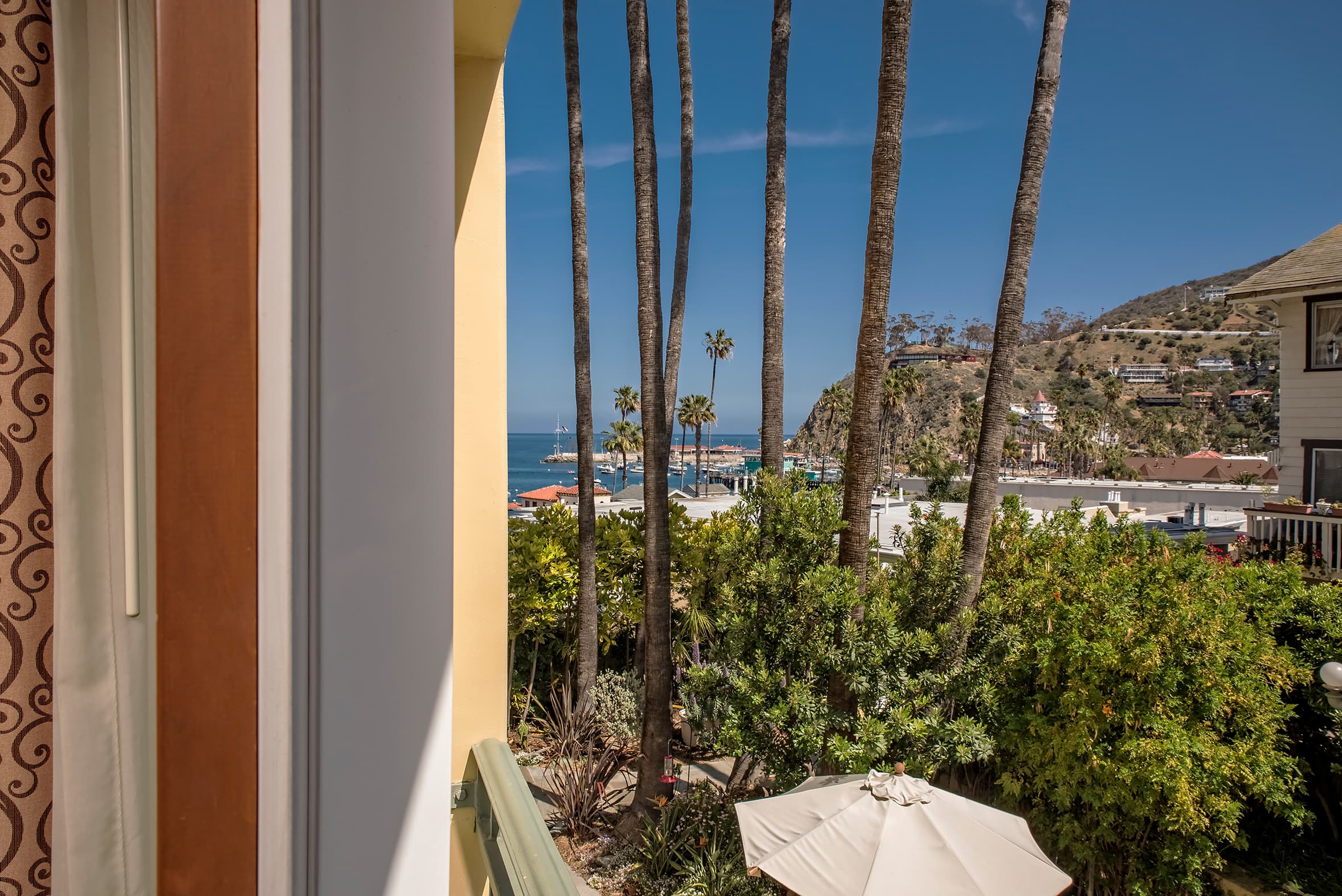 A view from a hotel balcony overlooking a coastal hillside and palm trees, with a clear blue sky and a glimpse of the ocean in the distance.