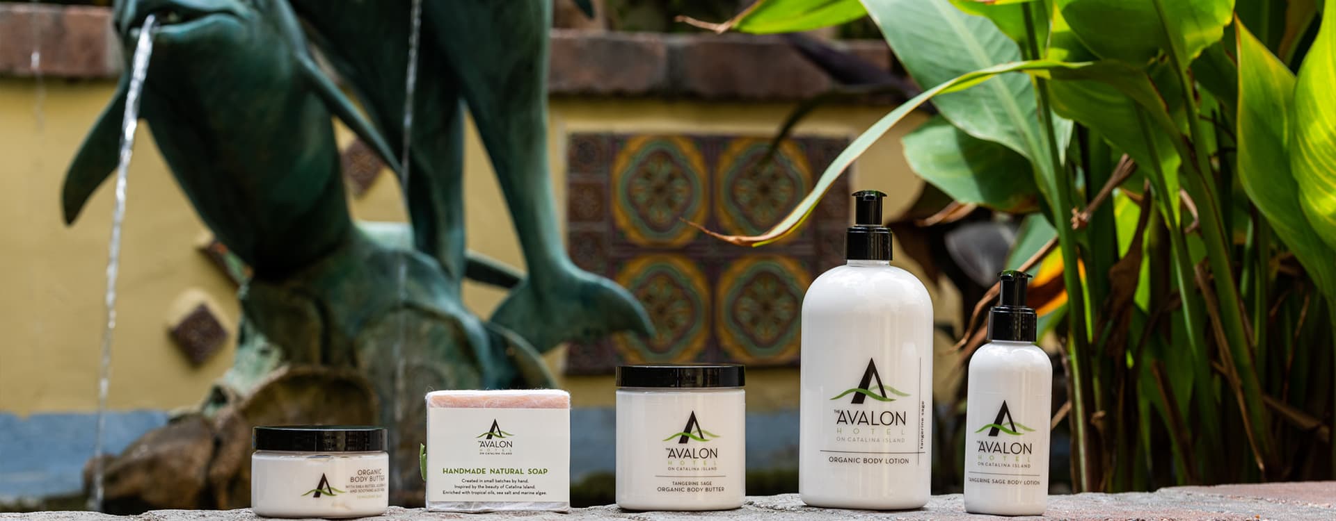 A selection of Avalon skincare products displayed in front of a decorative fountain and lush green plants.