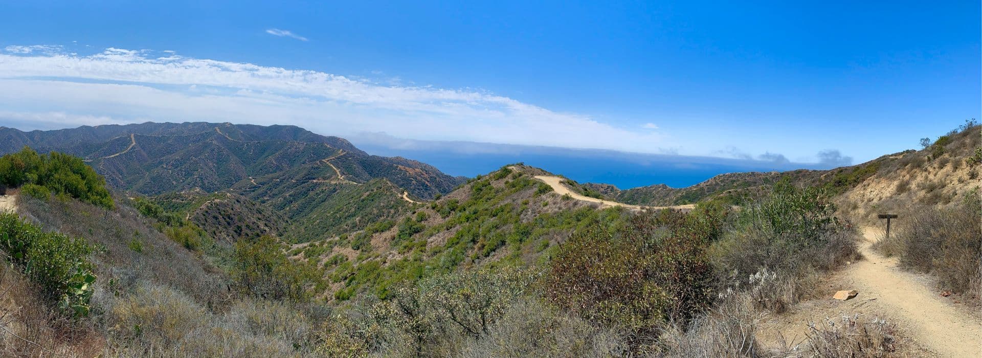 A panoramic view of rolling hills and trails overlooking the ocean under a clear blue sky.