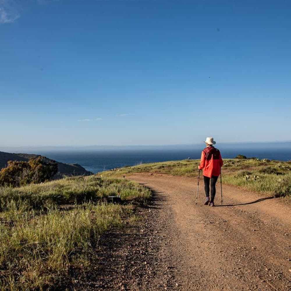 A hiker in a red jacket walks along a dirt path overlooking the ocean.