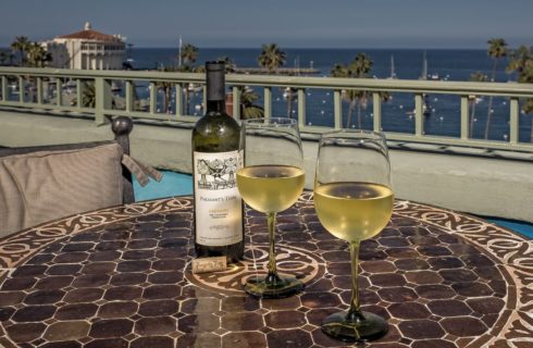 Close up view of glasses filled with white wine on a tile table top on rooftop patio with view of the harbor and ocean